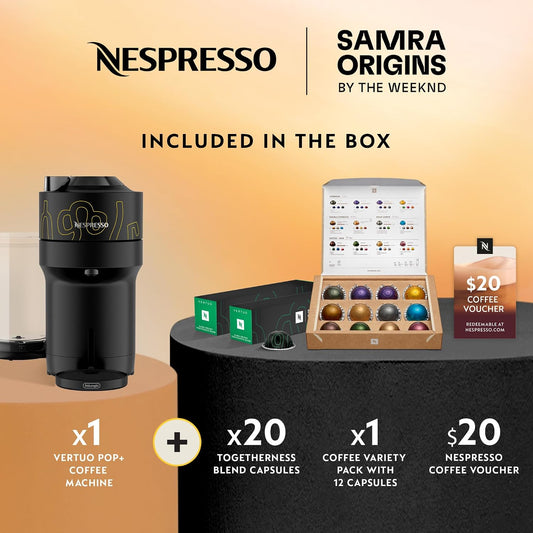 Nespresso Vertuo Pop+ Coffee and Espresso Maker by De'Longhi, Samra Origins by The Weeknd with Togetherness Blend, Double Espresso, Light Roast, 20-Count Coffee Pods