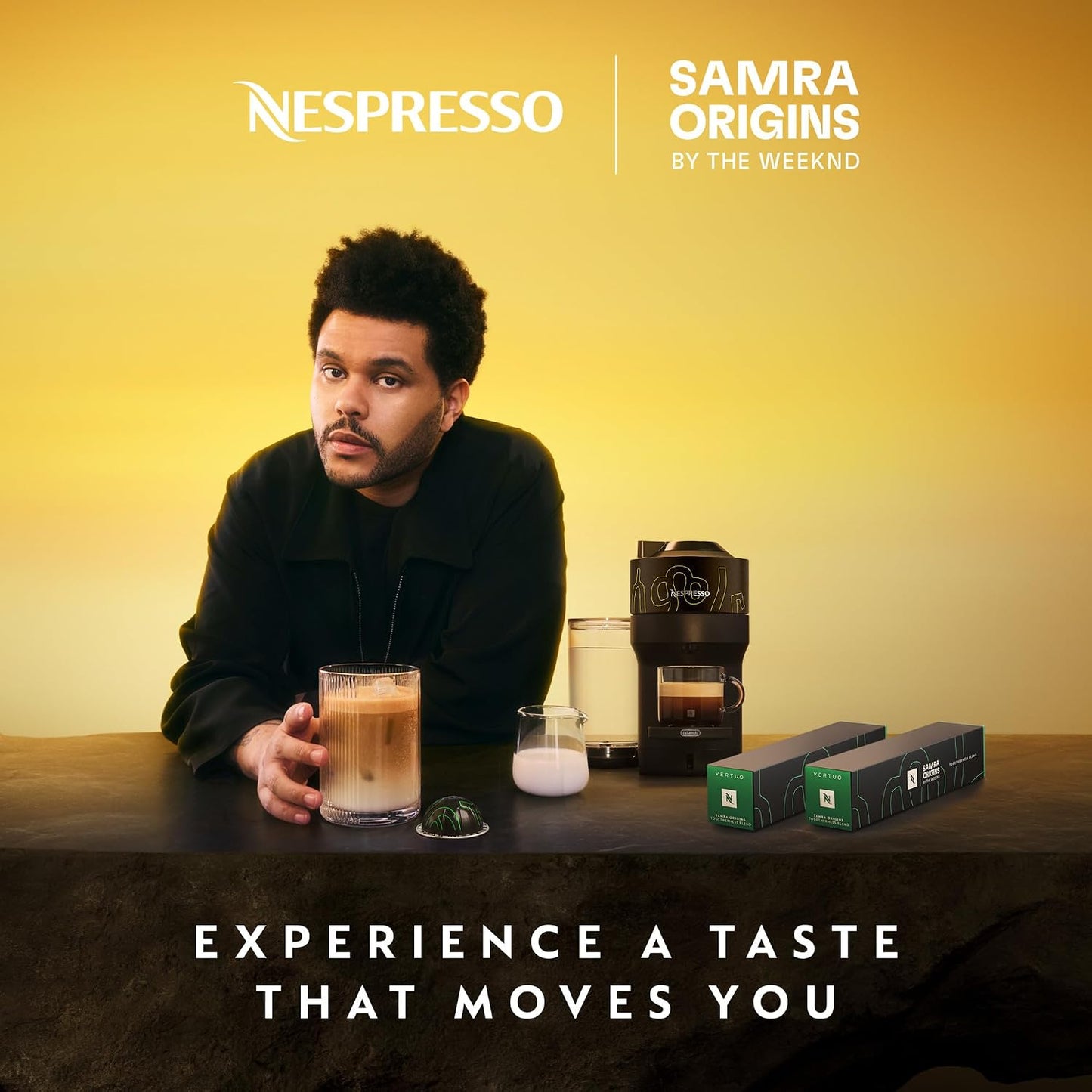 Nespresso Vertuo Pop+ Coffee and Espresso Maker by De'Longhi, Samra Origins by The Weeknd with Togetherness Blend, Double Espresso, Light Roast, 20-Count Coffee Pods