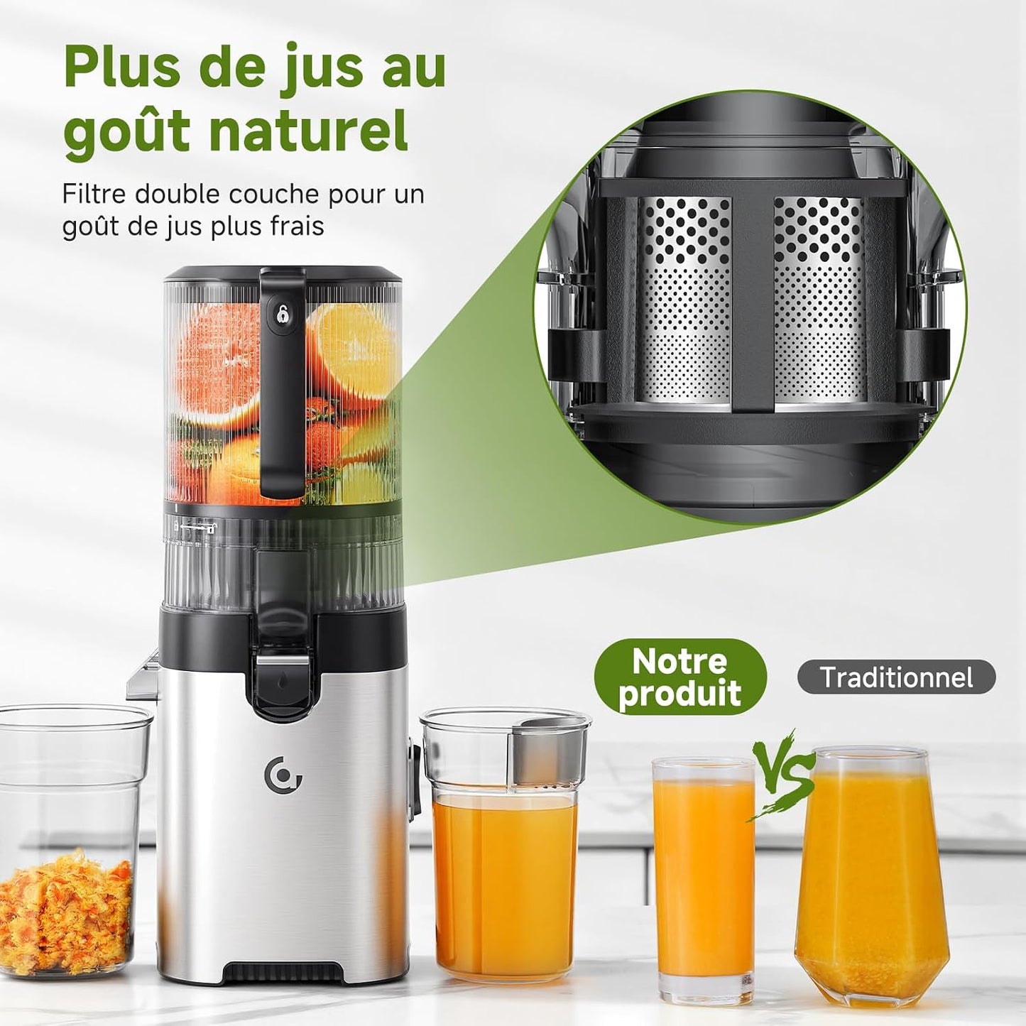 AMZCHEF Extracteur de jus à froid pour fruits et légumes, goulotte 158 mm pour fruits entiers, trémie 2,5 L, 2 filtres amovibles, nettoyage facile, moteur 300 W à faible bruit, usage familial