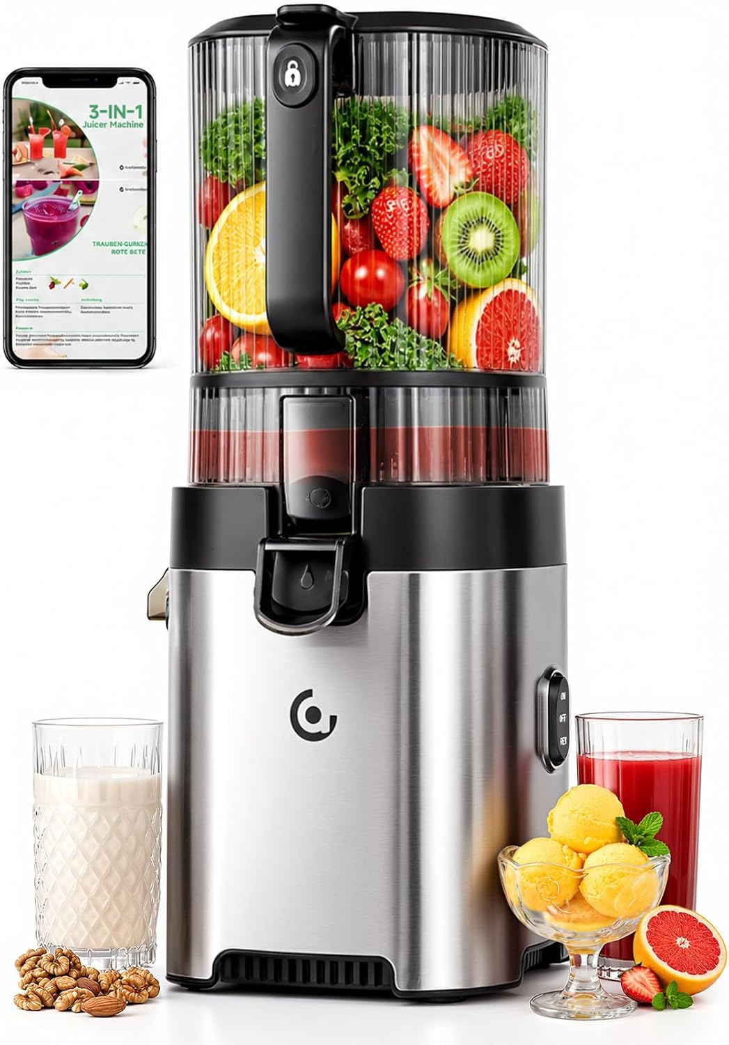 AMZCHEF Extracteur de jus à froid pour fruits et légumes, goulotte 158 mm pour fruits entiers, trémie 2,5 L, 2 filtres amovibles, nettoyage facile, moteur 300 W à faible bruit, usage familial