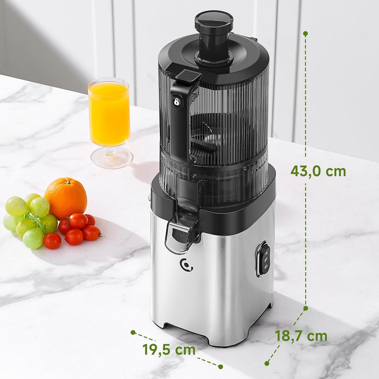AMZCHEF Extracteur de jus à froid pour fruits et légumes, goulotte 158 mm pour fruits entiers, trémie 2,5 L, 2 filtres amovibles, nettoyage facile, moteur 300 W à faible bruit, usage familial