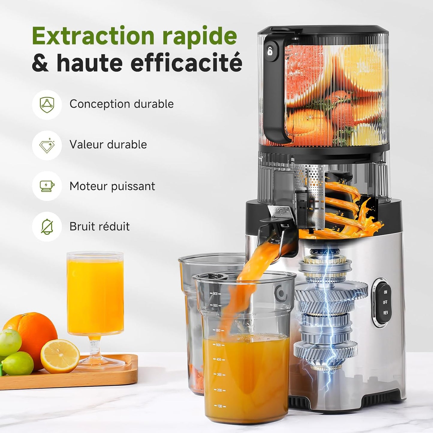AMZCHEF Extracteur de jus à froid pour fruits et légumes, goulotte 158 mm pour fruits entiers, trémie 2,5 L, 2 filtres amovibles, nettoyage facile, moteur 300 W à faible bruit, usage familial