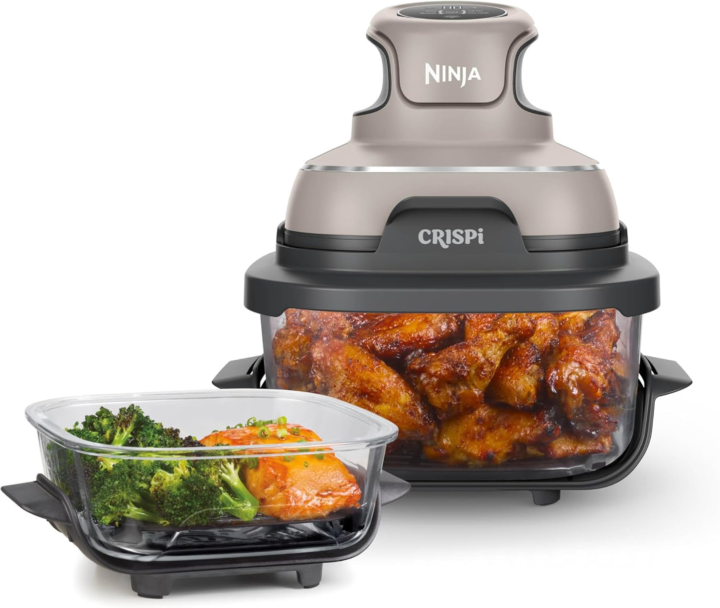 Ninja Crispi Glass Air Fryer, 4-in-1, Stone, FN101ST | Max crisp, bake, air fry, recrisp, 450F max, 4 Qt and 6 Cup containers, PFAS-free glass