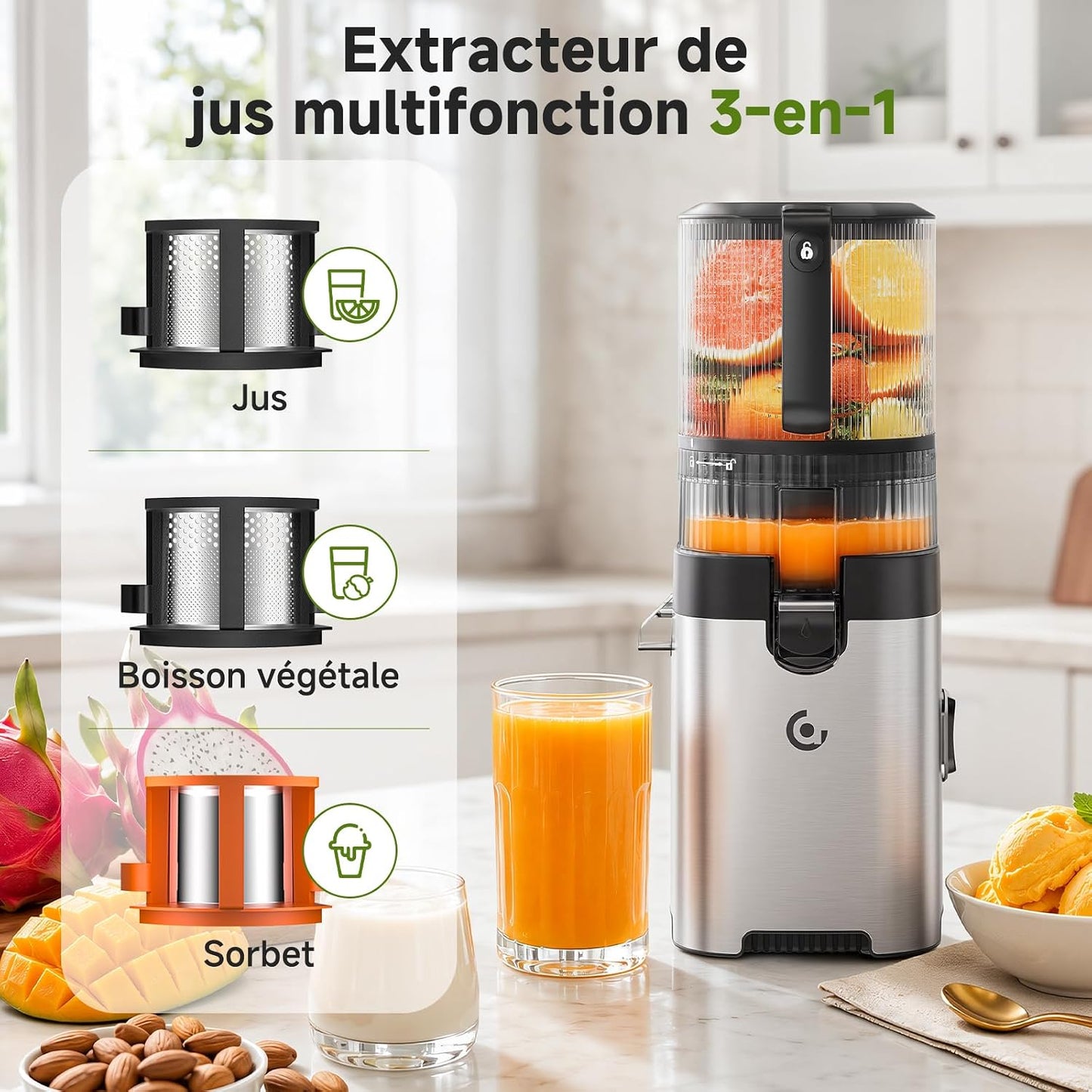 AMZCHEF Extracteur de jus à froid pour fruits et légumes, goulotte 158 mm pour fruits entiers, trémie 2,5 L, 2 filtres amovibles, nettoyage facile, moteur 300 W à faible bruit, usage familial