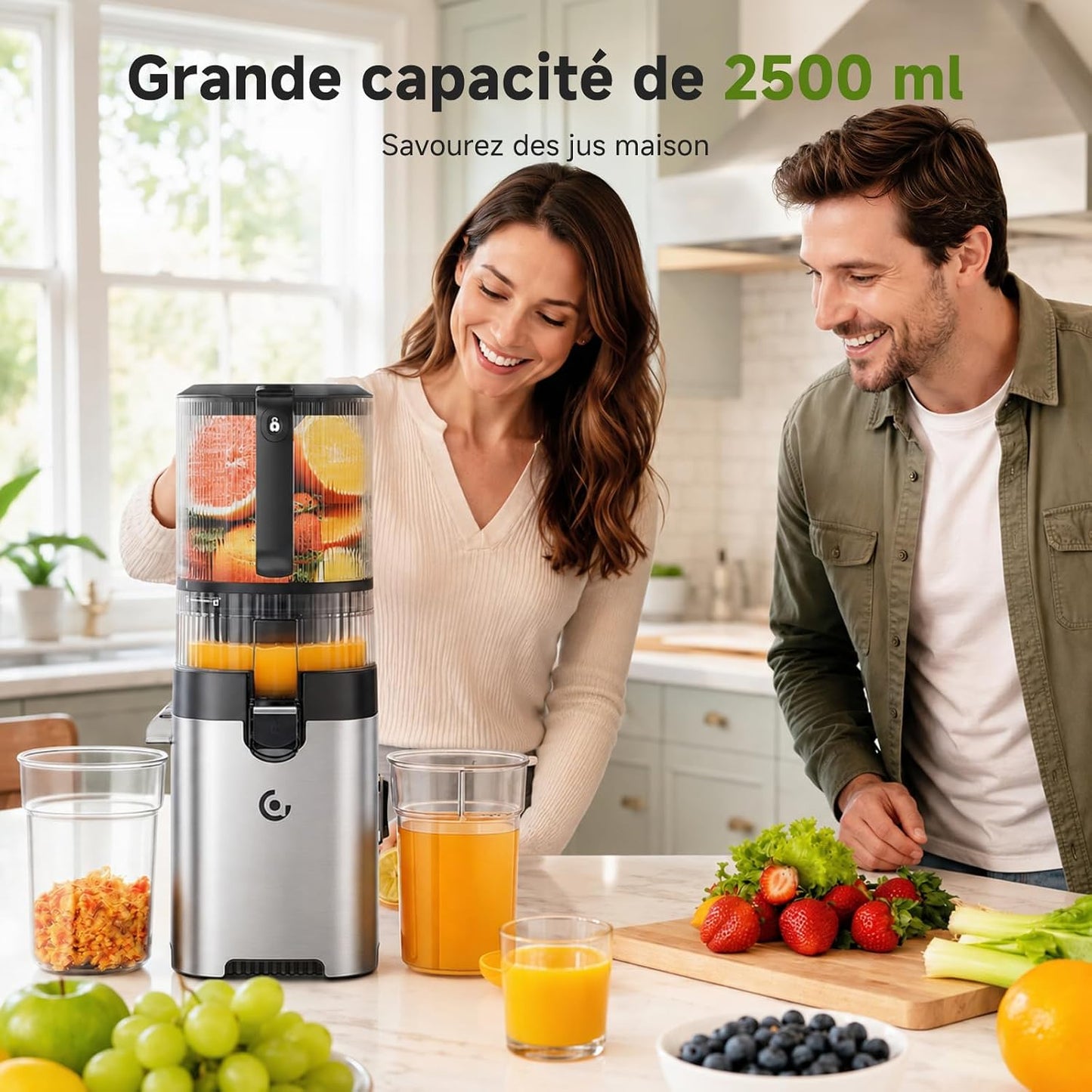 AMZCHEF Extracteur de jus à froid pour fruits et légumes, goulotte 158 mm pour fruits entiers, trémie 2,5 L, 2 filtres amovibles, nettoyage facile, moteur 300 W à faible bruit, usage familial