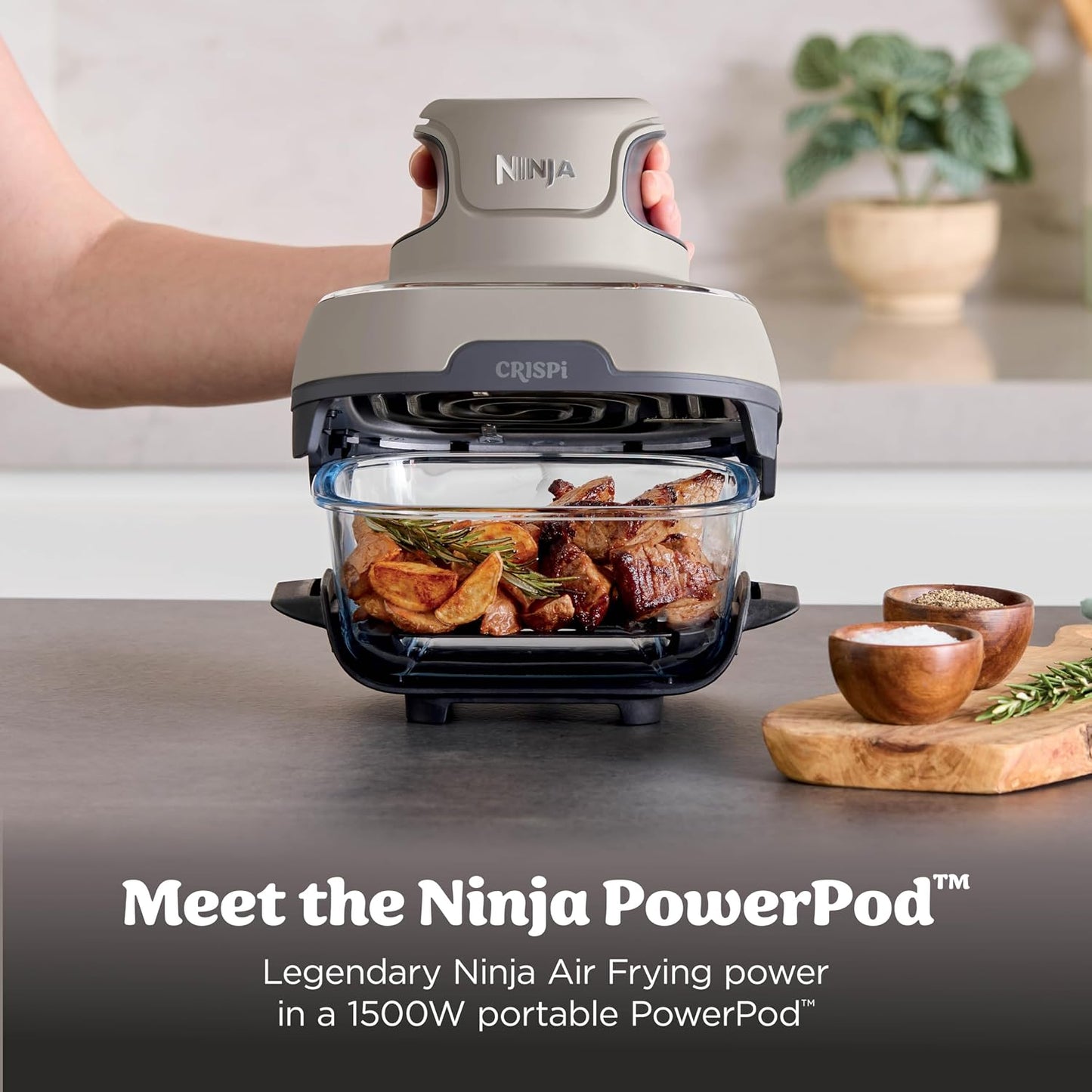 Ninja Crispi Glass Air Fryer, 4-in-1, Stone, FN101ST | Max crisp, bake, air fry, recrisp, 450F max, 4 Qt and 6 Cup containers, PFAS-free glass
