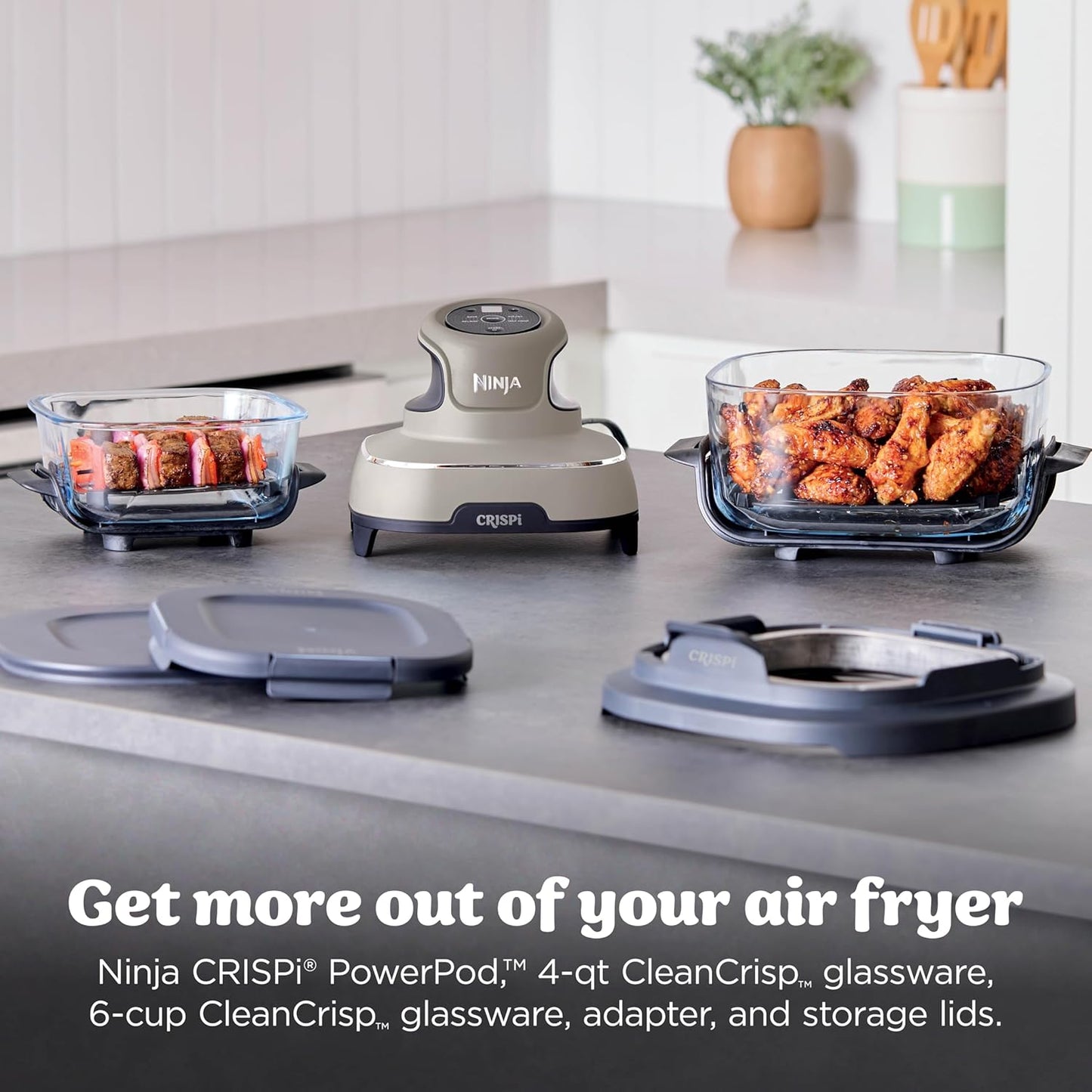 Ninja Crispi Glass Air Fryer, 4-in-1, Stone, FN101ST | Max crisp, bake, air fry, recrisp, 450F max, 4 Qt and 6 Cup containers, PFAS-free glass