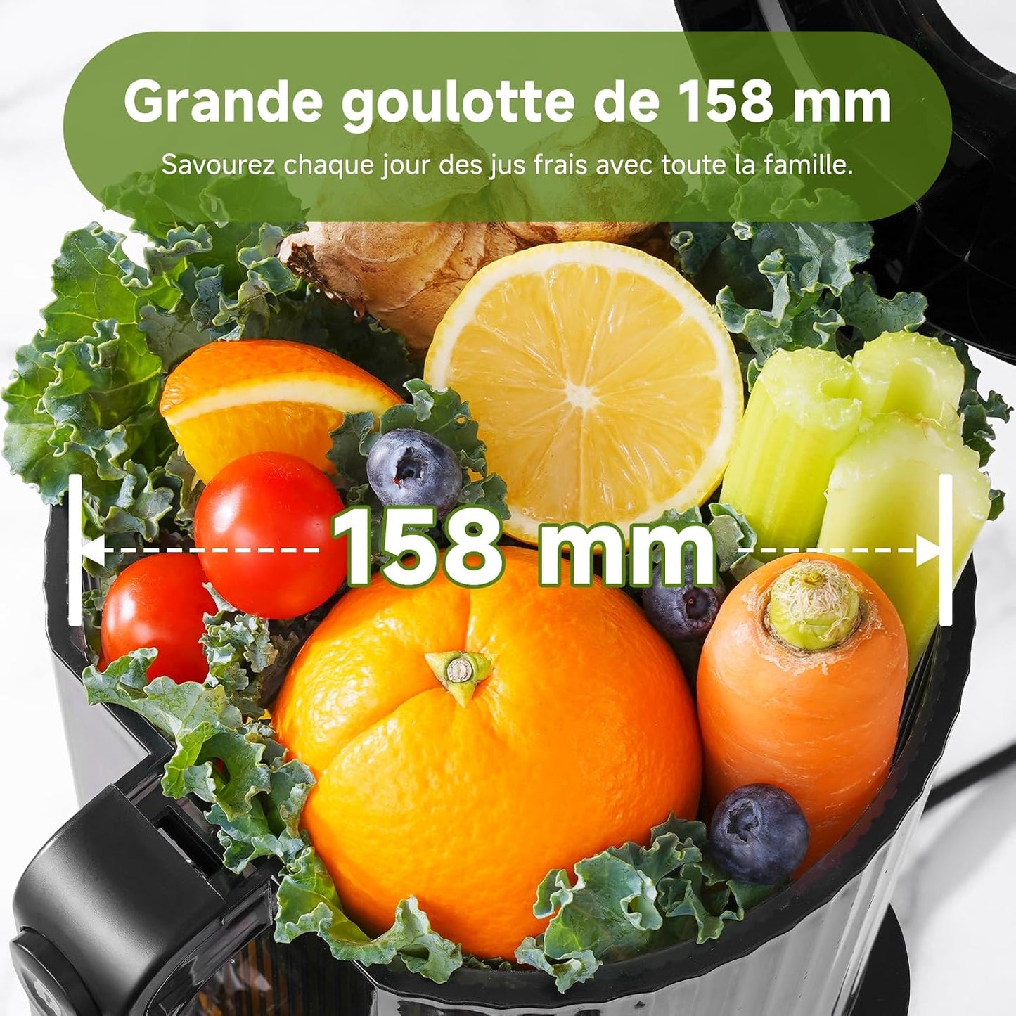 AMZCHEF Extracteur de jus à froid pour fruits et légumes, goulotte 158 mm pour fruits entiers, trémie 2,5 L, 2 filtres amovibles, nettoyage facile, moteur 300 W à faible bruit, usage familial